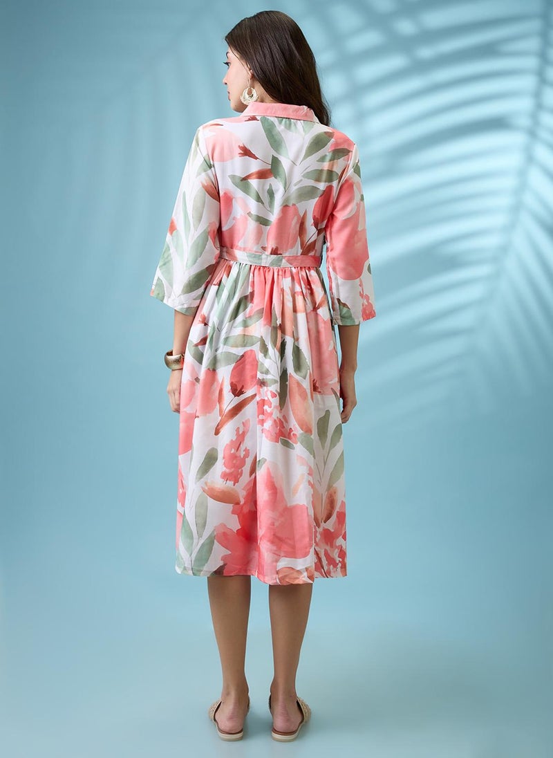 Globus Women White Floral Print Shirt Collar Gathered Fit and Flare Midi Fusion Dress With Belt - Image 4